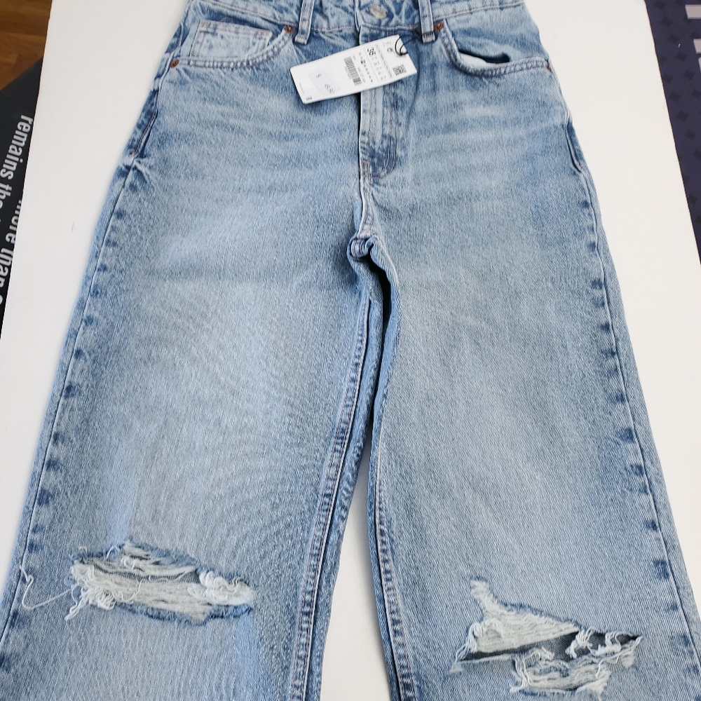 Zara Ripped Wide Leg Jeans Light Blue | 6045/227 NEW NWT Size 4